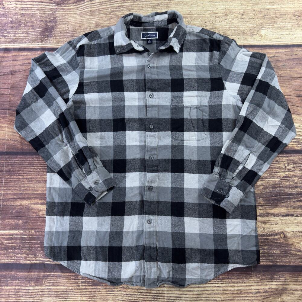 Club Room Flannel Long Sleeve Button Shirt Mens Size L Gray Black